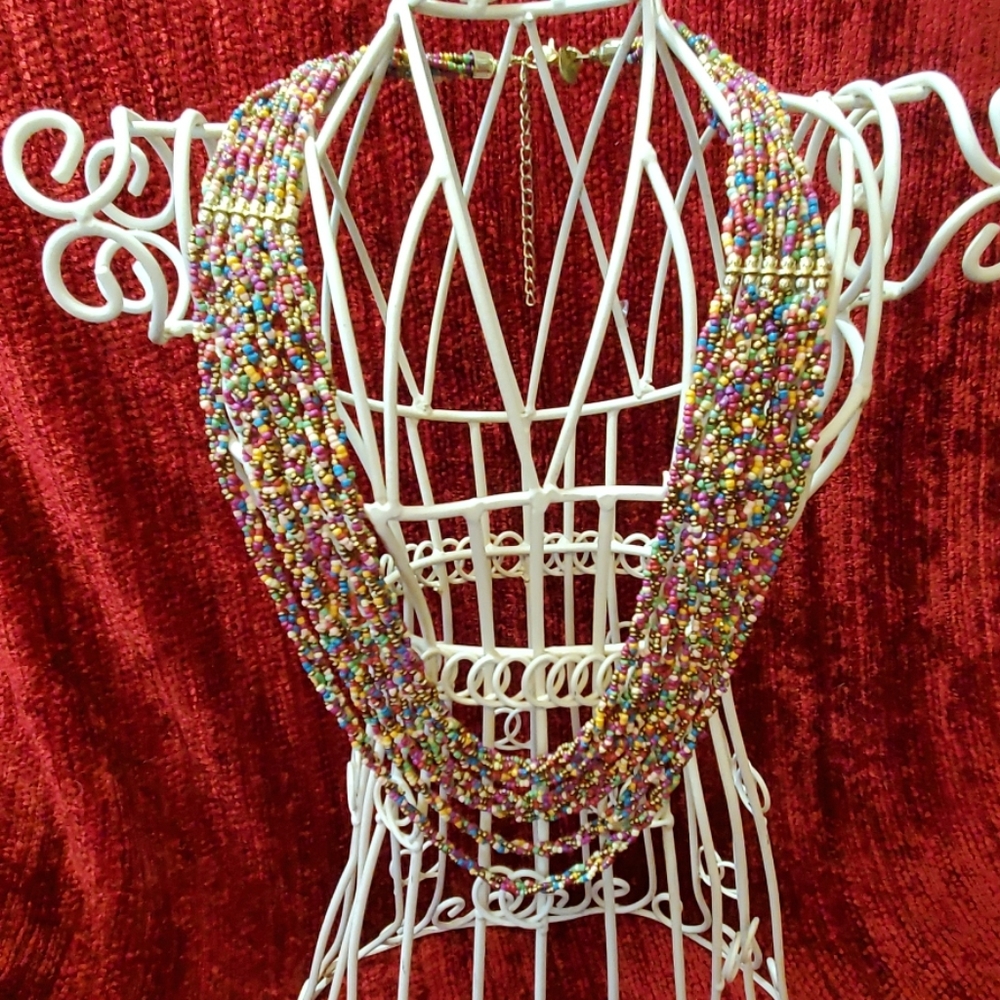 Six braided multi-colored beaded necklace